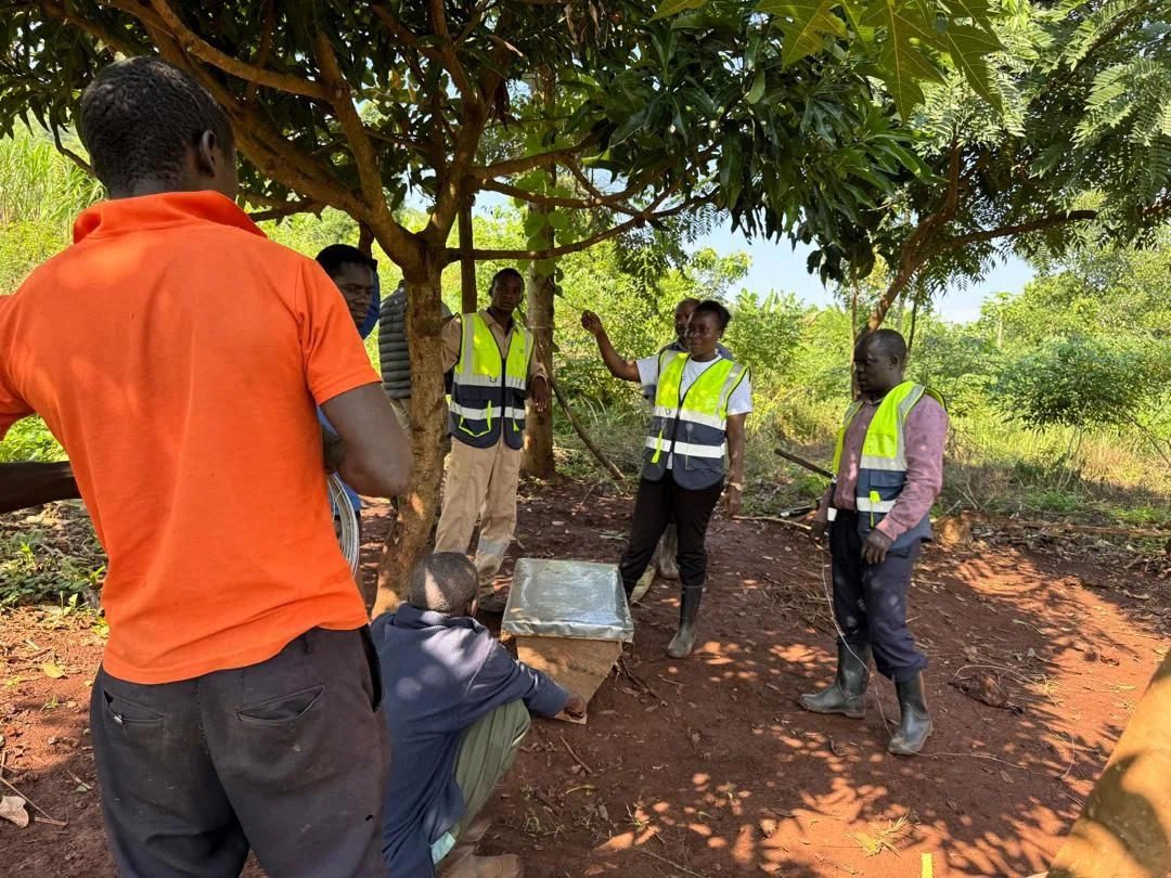 Expert guiding local farmers on hive orientation and baiting techniques